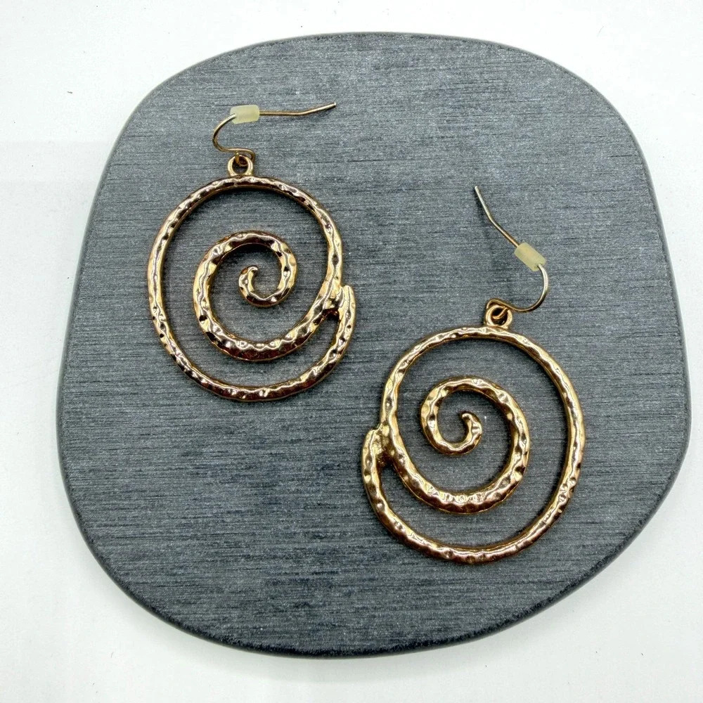 Gold Tone Hammered Spiral Dangle Earrings Large Swirl Boho Statement Jewelry